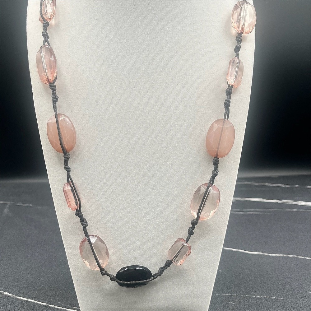 Vintage 90s Black Cord Necklace Pink Oval Faceted Glass Beads Knotted Jewellery